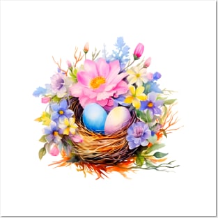 Nest of bird with eggs and flowers Posters and Art
